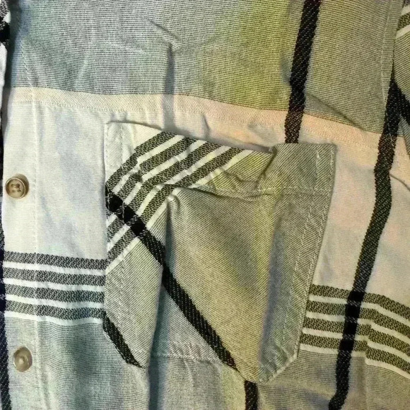 Lightweight, button-down, black, and white and gray plaid with the lines of pink - Picture 2 of 7